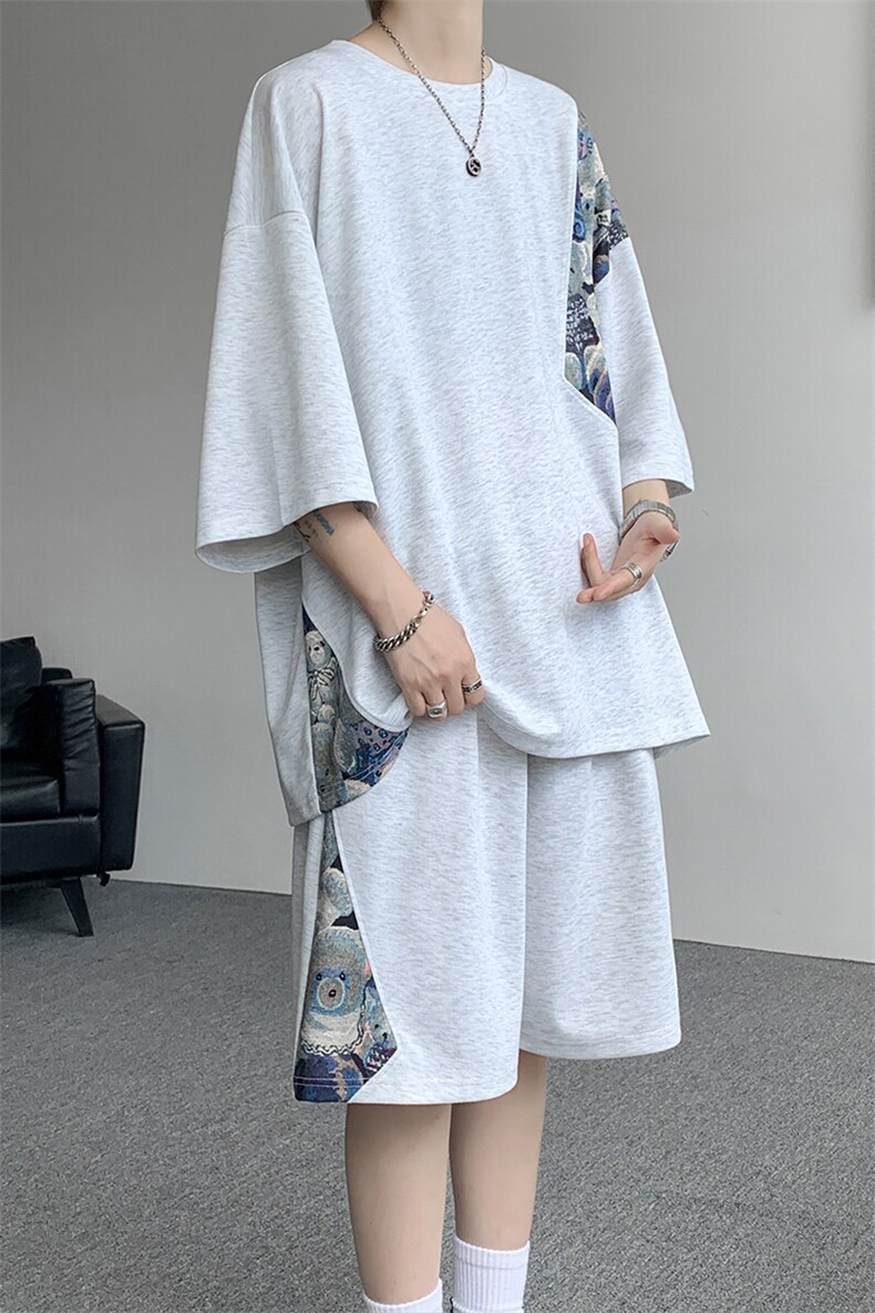TZ792-特批50控98夏季冰丝潮流大码小熊撞色短袖短裤套装男,男装牛仔裤,电商A059