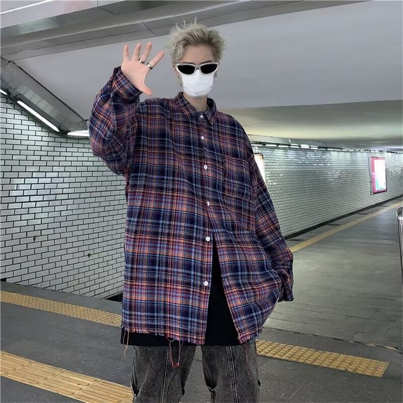 美式复古格子衬衫男新款ins潮牌宽松长袖衬衣年休闲外套C7998-p45,男装衬衫,星座1008-2