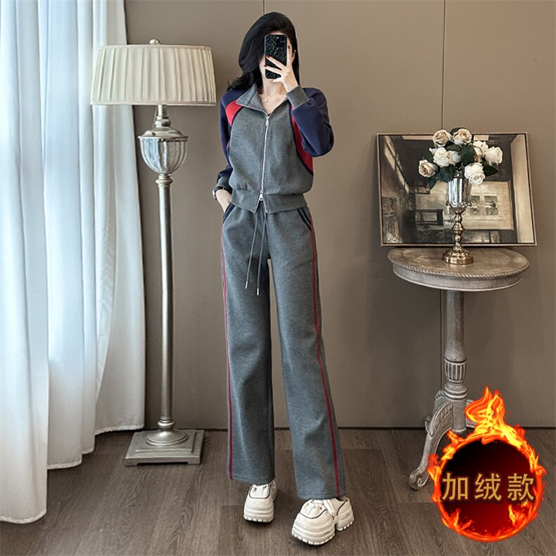 秋冬新款加绒撞色卫衣阔腿裤套装显瘦保暖时尚休闲两件套,女装套装/套裙,江南