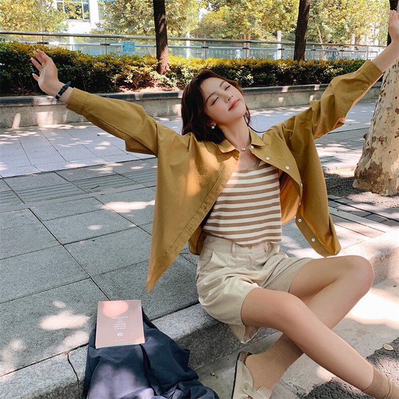 秋季长袖衬衫上衣女设计感小众新款宽松翻领黄色ins韩系纯色衬衣,女装衬衫,梦懿尔