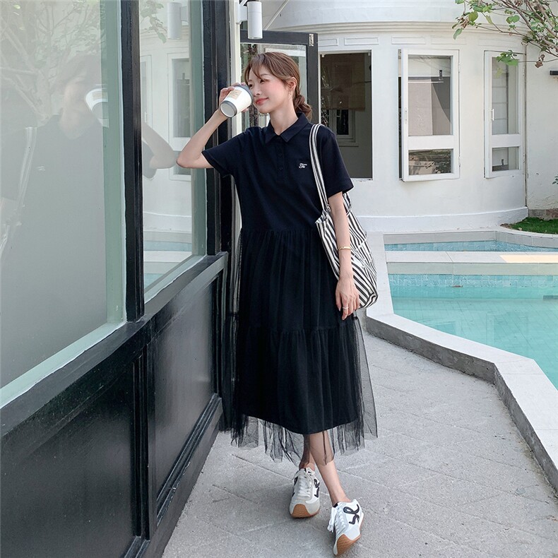 黑色高级感网纱拼接衬衫连衣裙女夏新款轻熟风女神范气质显瘦长裙,女装连衣裙,2C205
