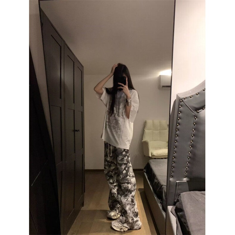 D6688-P60新款迷彩脏染双腰头男女宽松美式拖地裤潮-网图现货,男装牛仔裤,星座603-2
