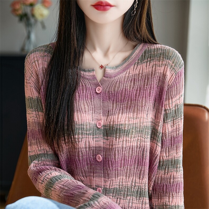 圆领精纺羊毛针织开衫女宽松彩虹拼色高级感长袖上衣时尚镂空外搭,针织衫/毛衣,暖烁特种纱工厂店