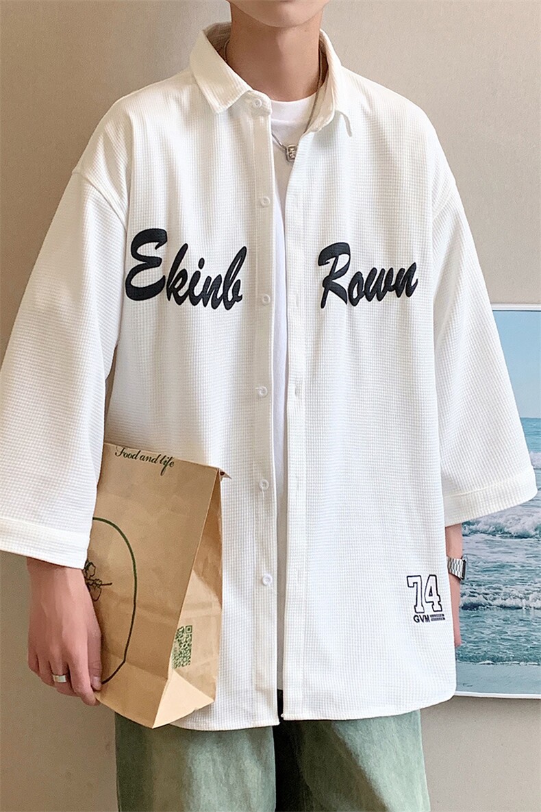 1港风发泡印花七分袖大码M-5XL中性情侣潮衬衫男QCS7010P45控69,男装衬衫,星座226-2