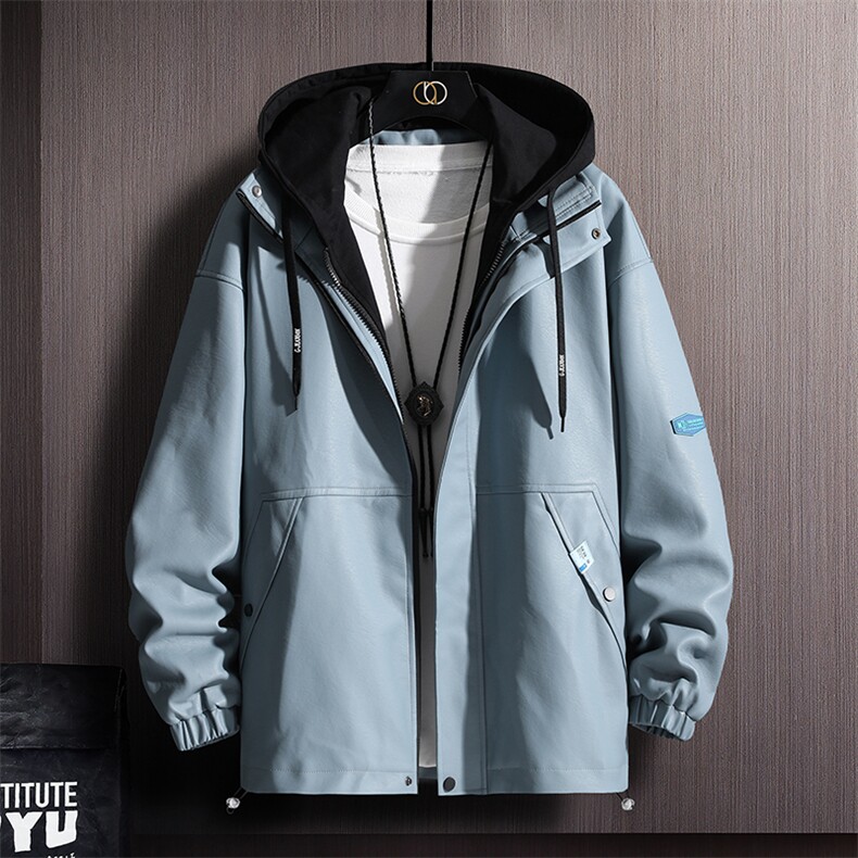 夹克男日系挂拍连帽卫衣领假俩件PU皮上衣外套DSA157B-J8068-P95,男装夹克,电商A157-1