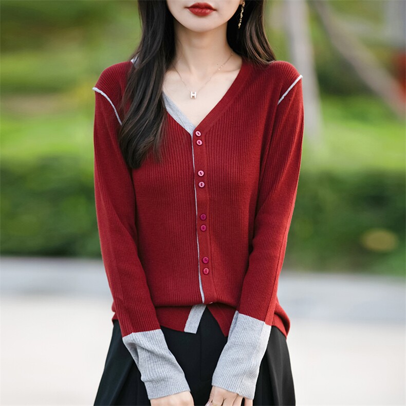 撞色针织开衫女2025春新款长袖上衣V领坑条毛衣显瘦小个子短外套,针织衫/毛衣,佳绒包芯纱店