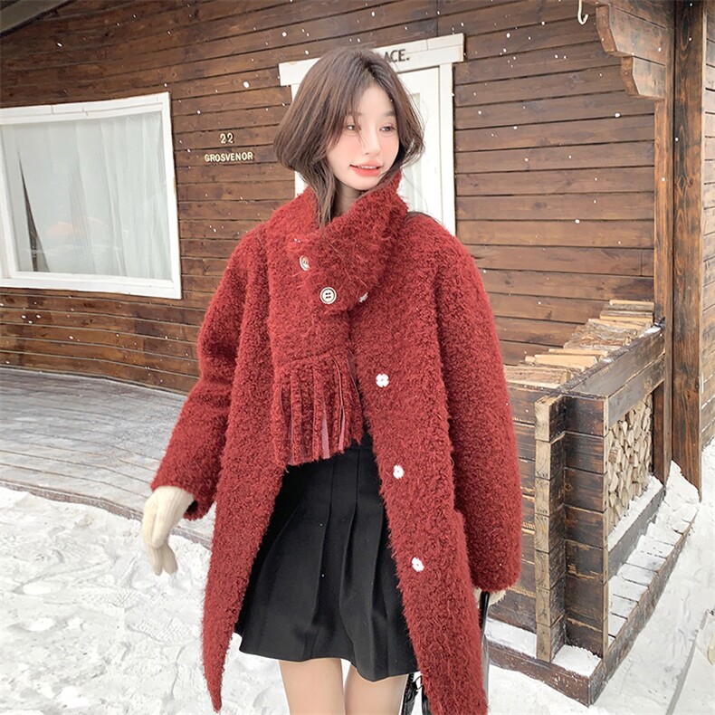 安可拉红围巾款皮毛一体羊羔毛外套女冬加厚棉服6092P225k328,女装棉衣/棉服,维壹