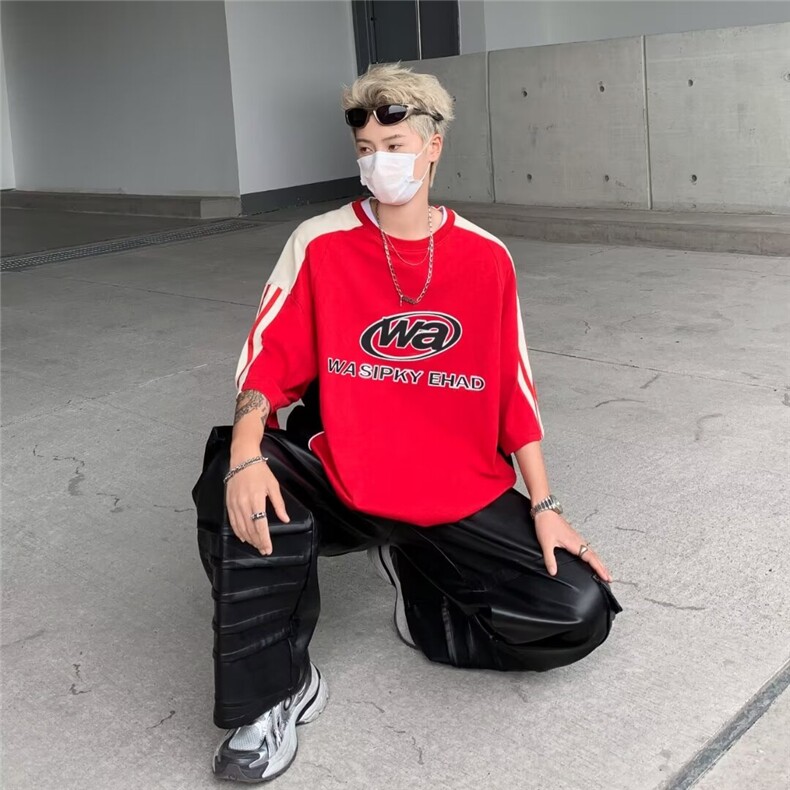 美式潮牌复古小众设计感运动撞色解构拼接赛车风短袖T恤DT055-p36,男装T恤,星座1008