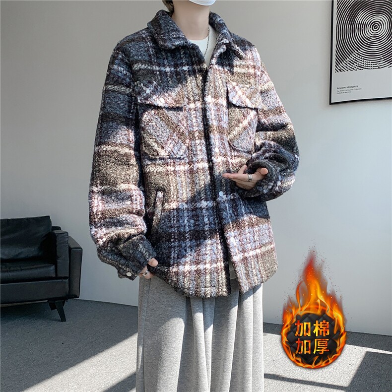 粗花呢格纹棉服复古大码夹棉加厚小香风毛圈格子呢外套LF101特P95,男装棉衣,电商B215