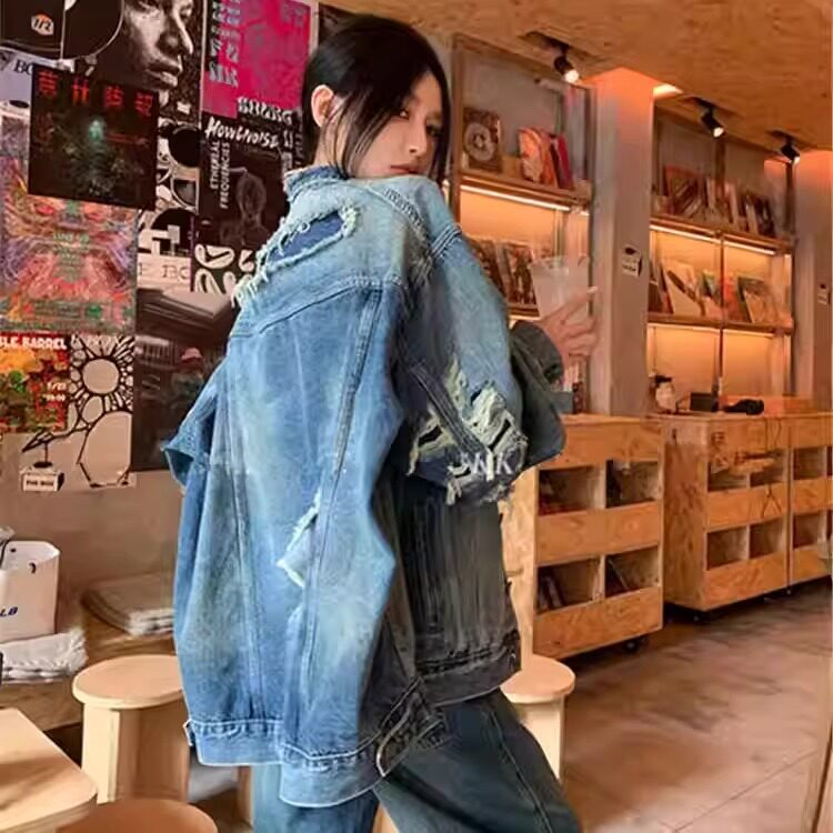 S198-P80 高街oversize美式复古做旧早秋牛仔外套图片