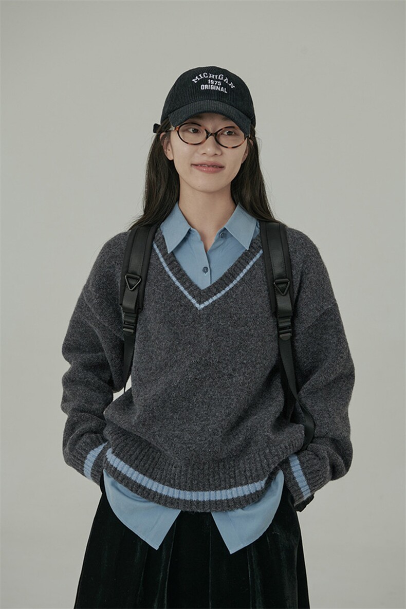 时尚学院风复古百搭V领撞色针织羊毛衫,女装羊毛衫,泰沅羊绒