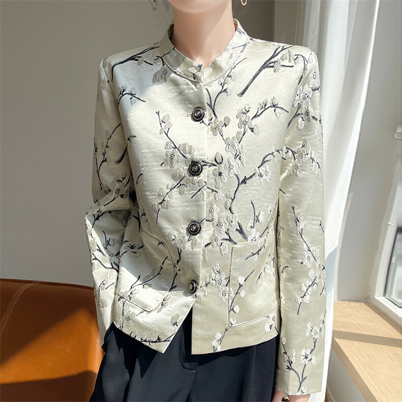 立领缎面梅花刺绣夹克外套女短款复古宽松显瘦气质休闲百搭长袖，女装短外套，圣丽羊绒