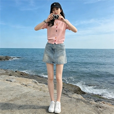 夏季新款时尚休闲简约套装宽松显瘦圆领彩色纽扣上衣牛仔裙两件套，女装套装/套裙，江南