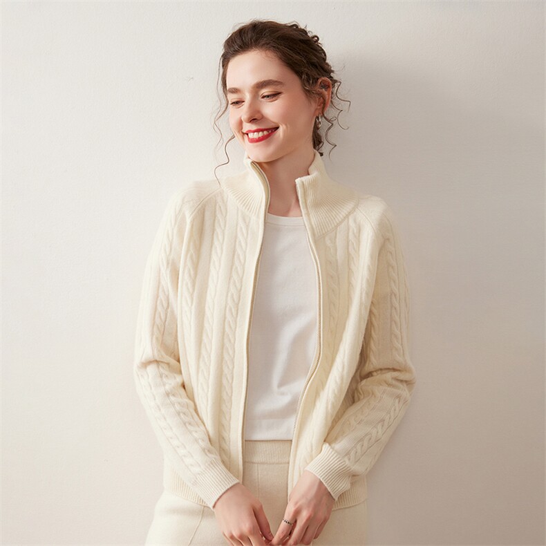 奢侈高货~纯山羊绒休闲女68支精纺拉链开衫+运动裤针织运动两件套，女装羊绒衫，绒盛美羊绒