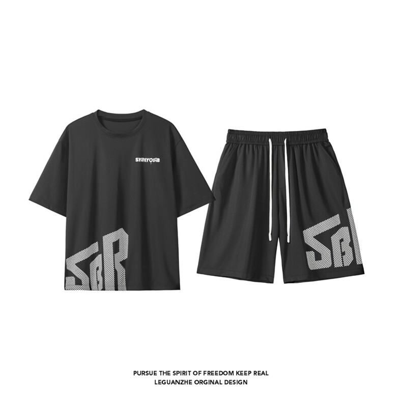 2025夏季新款港风白底大码冰丝印花短袖套装M-5XHQ25561-P60，男装休闲套装，电商A022