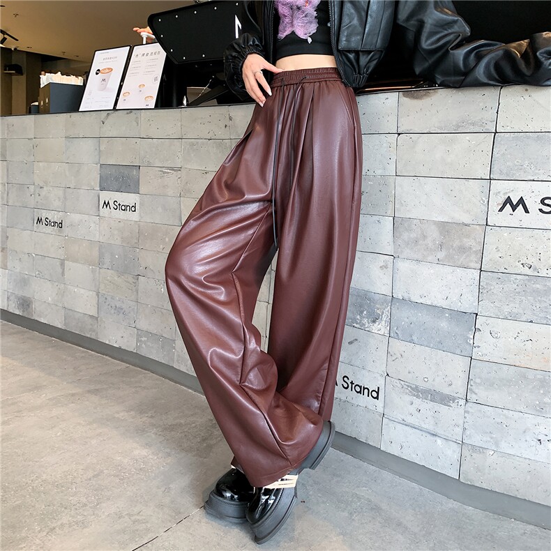 皮裤女2024秋季新款高腰休闲裤软皮PU皮潮酷拖地阔腿裤子,女装休闲裤,梦白服饰厂