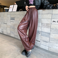 皮裤女2024秋季新款高腰休闲裤软皮PU皮潮酷拖地阔腿裤子，女装休闲裤，梦白服饰厂