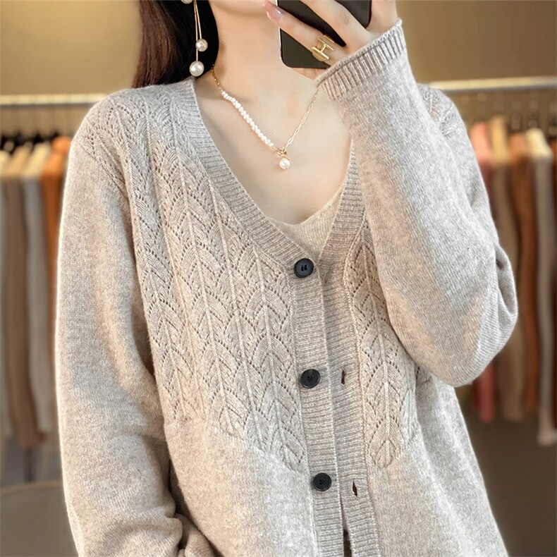 时尚百搭V领镂空开衫羊毛衫秋冬必备显瘦保暖女毛衣外套，女装羊毛衫，秋虹羊绒