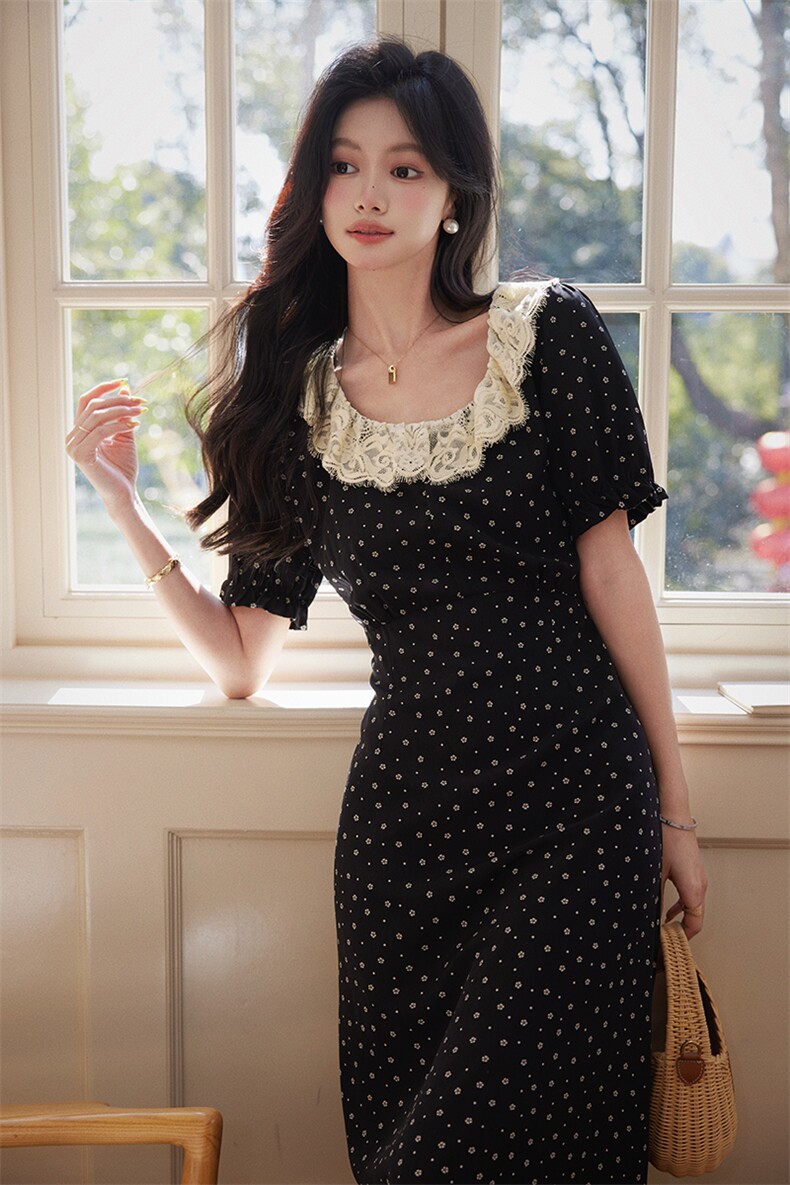 法式蕾丝花边领短袖连衣裙女2025夏季新款高级感气质长裙显瘦,女装连衣裙,艾米