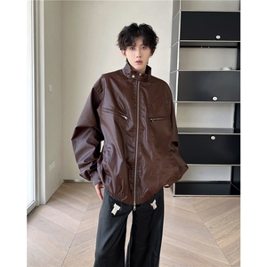 美式复古拉链装饰PU皮短款夹克JK8551-P75图片