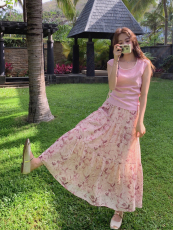 粉色上衣碎花半身裙套装女2025夏季新款氛围感穿搭超仙减龄两件套，女装套装/套裙，慧尚2-185