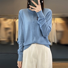 2024春秋新款精纺羊毛开衫女圆领薄款外套宽松套头长袖纯色打底衫，女装羊毛衫，总能电商供货