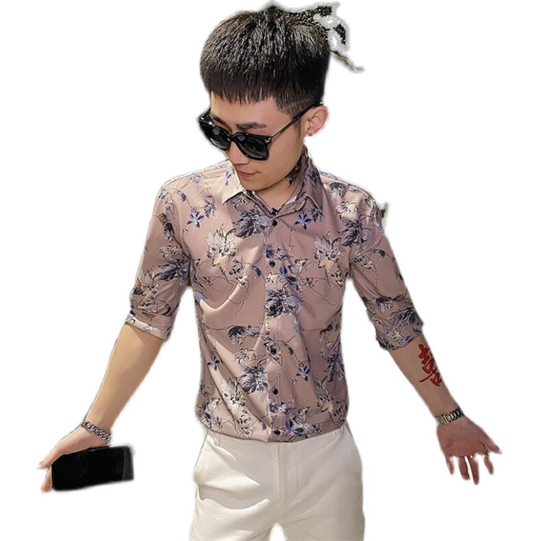 312A-191-P55新款社会小伙中袖衬衫韩版潮流男士五分袖衬衣A,男装T恤,星座312A-5