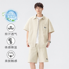 特批P39无差价夏季泡泡纱透气刺绣腊肠狗两件套套装CD5483+DK5863，男装休闲套装，电商A001-1