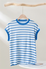 初夏正肩设计感女士打底衫宽松上衣黑白条纹圆领短袖t恤，女装T恤，忠诺羊绒