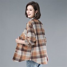 2021年春季格子衬衫排多扣POLO领长袖韩版宽松衬衣外套，女装衬衫，伊满意