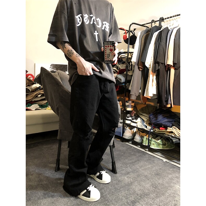 B221美式ins高街暗黑休闲弹力微喇破洞牛仔裤LK23089-P65控88,男装休闲裤,电商B221