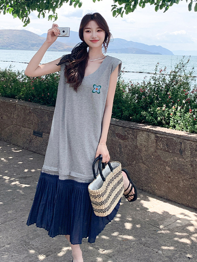 灰色韩版学院风减龄无袖背心连衣裙女2025夏季新款清纯系气质长裙,女装连衣裙,浙宝220