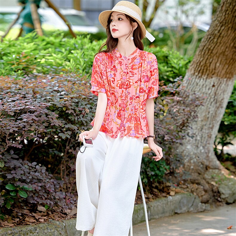 时尚休闲棉麻套装女2025夏新款复古印花褶皱收腰衬衫阔腿裤两件套,女装套装/套裙,恋慕依尚