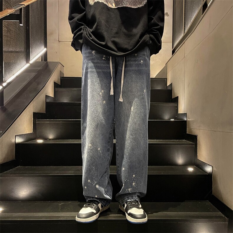 23秋季新款阔腿拖地牛仔裤男宽松水洗大码复古直筒裤XK66242-P50图片