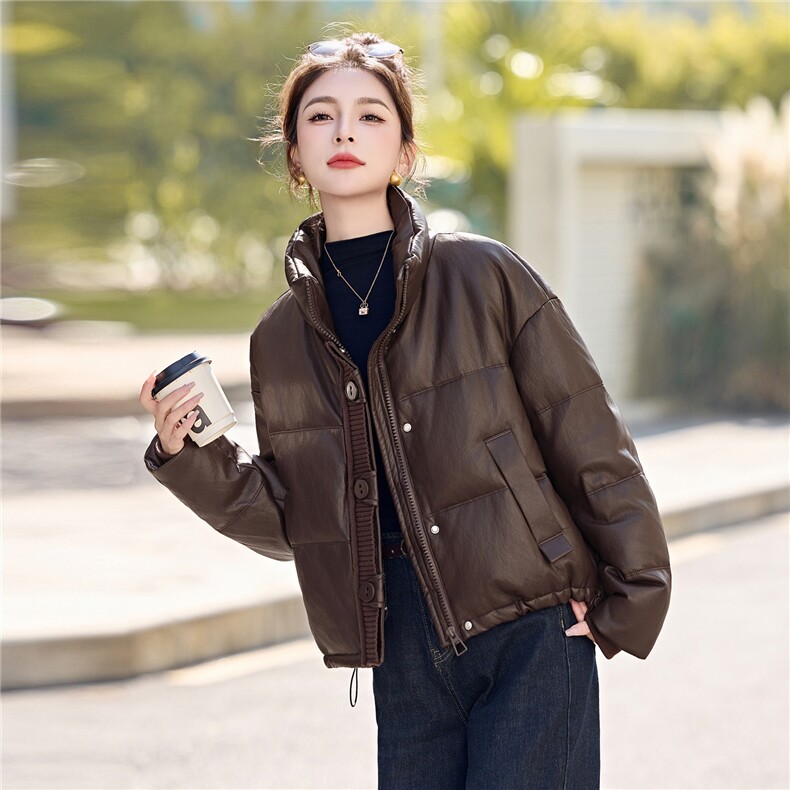 高级感羽绒服女2025冬季新款高端时尚百搭翻领PU皮保暖短款外套J,女装羽绒服,意芙