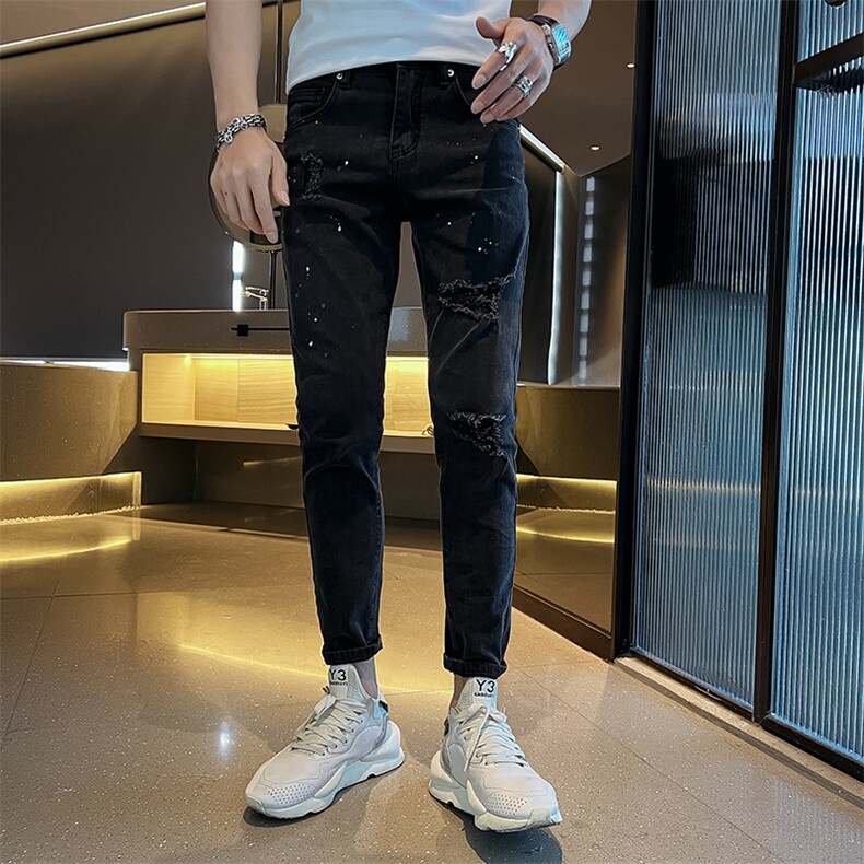 B230档2025新款黑色破洞泼墨甩漆修身小脚牛仔裤男6C009P85,男装牛仔裤,电商B230