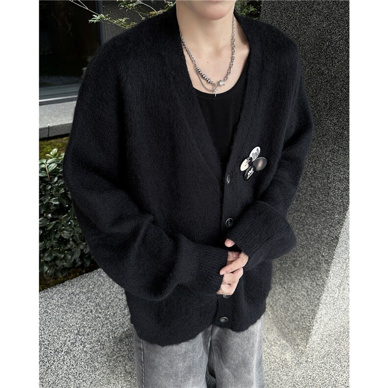 紫色百搭V领针织开衫男女秋冬新款胸针宽松慵懒风毛衣外套MY9802,男装针织衫/毛衣,星座506