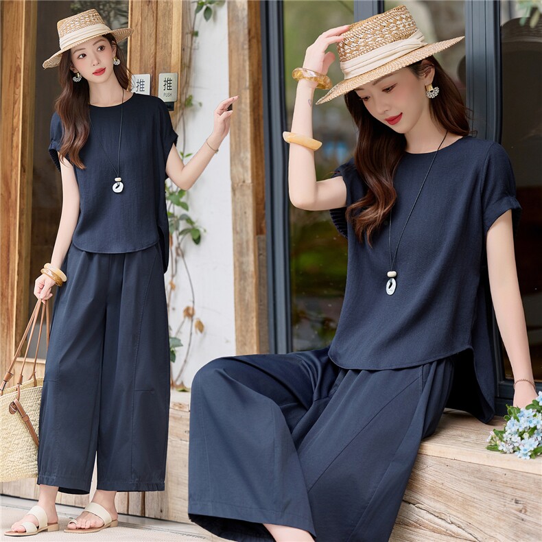 2026年夏季时尚天丝亚麻九分裤宽松两件套套装，女装套装/套裙，依路服饰
