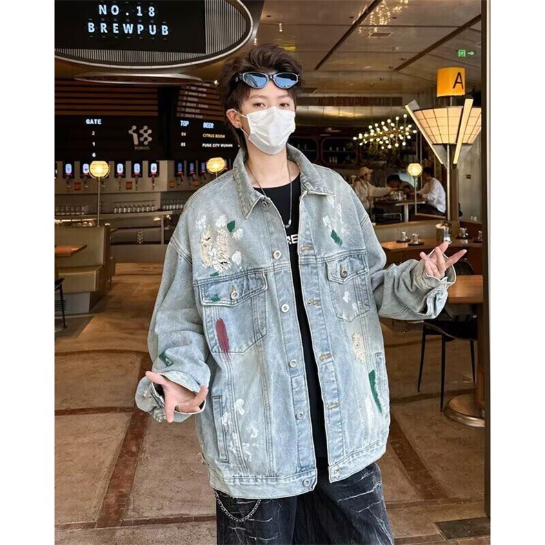涂鸦破洞牛仔外套男女韩版潮流高街百搭2025春季ins夹克W6397-P64,男装夹克,星座412-2