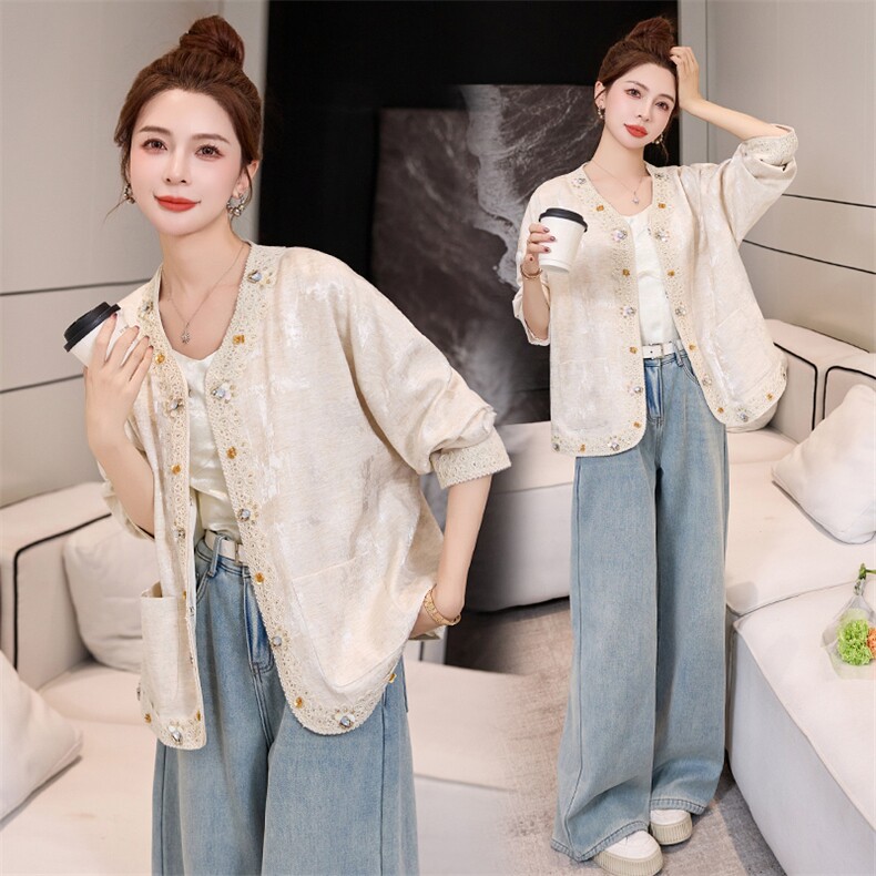 小香风蕾丝花边重工镶钻时尚外套女2025春季新款宽松气质百搭上衣，女装短外套，布芭啦