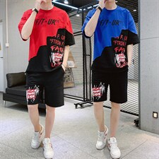 2024夏季潮流时尚T恤男装青少年宽松休闲ins圆领套装F48P58，男装休闲套装，电商A086