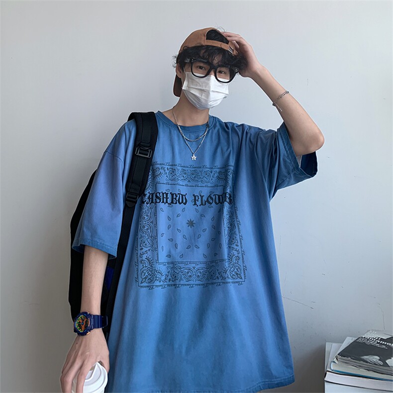 22年新款短袖港风模特腰果花纯棉手感落肩宽松胖子T恤TC3122-P33,男装T恤,星座717