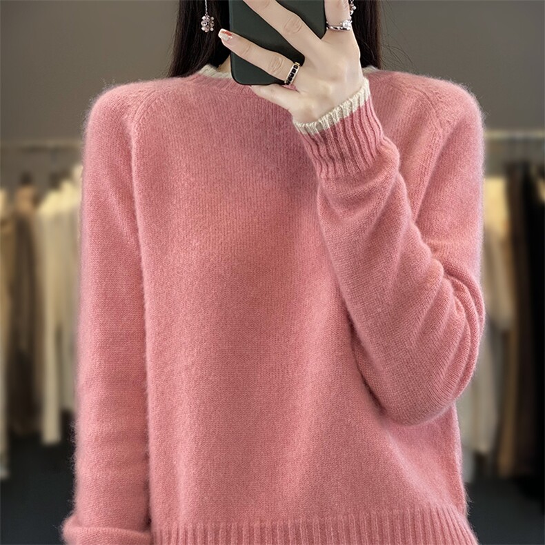 拼色圆领加厚全羊毛衫女软糯宽松毛衣2023秋冬新款针织打底羊绒衫,女装羊毛衫,蒙特羊绒