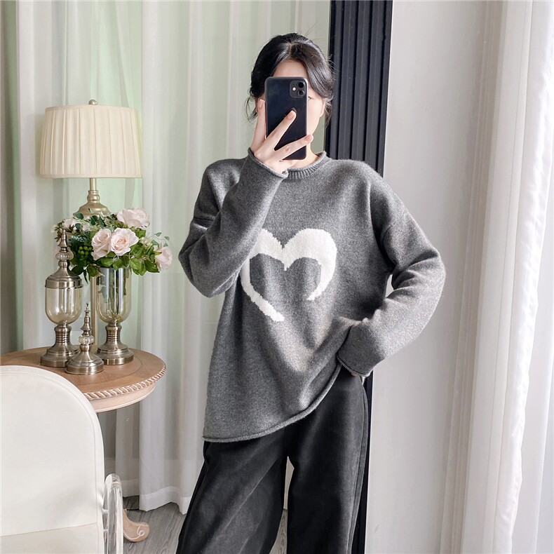 2025卷边针织衫爱心图案，女装针织衫/毛衣，织纯羊绒