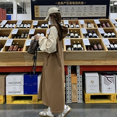 咖色撞色拼接连帽连衣裙女春季2025新款遮肉休闲宽松长款卫衣裙，女装连衣裙，2C037