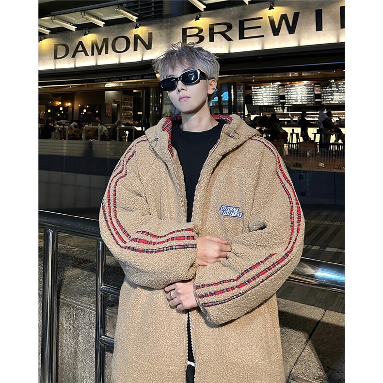 抖音得物羊羔毛棉衣可二开支持退换三条杠格子棉衣外套MY2403,男装棉衣,电商B210
