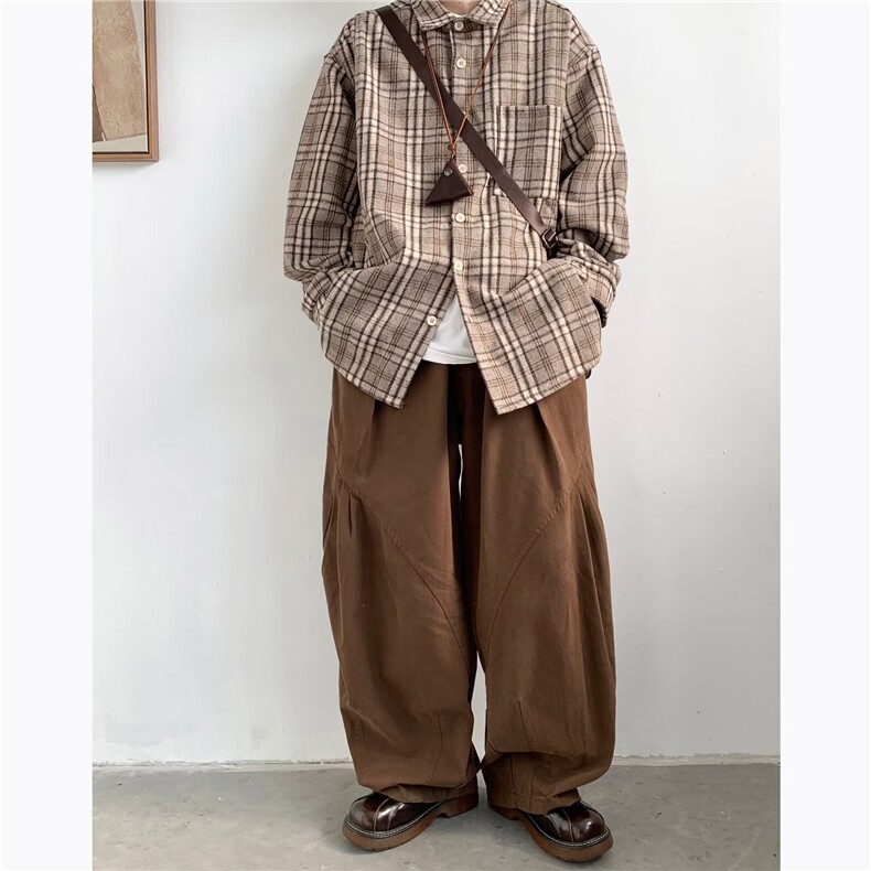宽松型翻领2024新款春季多褶裤休闲裤文艺风拼接宽松纯色男,男装休闲裤,星座716-2
