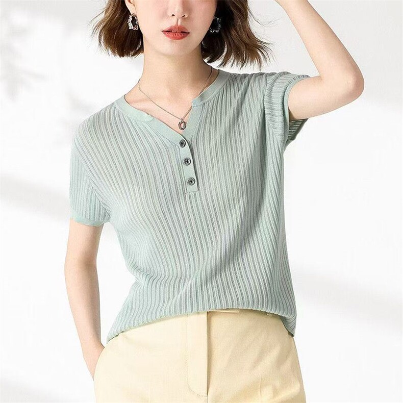 2025夏季新款V领纯棉针织短袖女宽松显瘦洋气休闲百搭上衣针织衫,女装T恤,萱芳婷羊绒