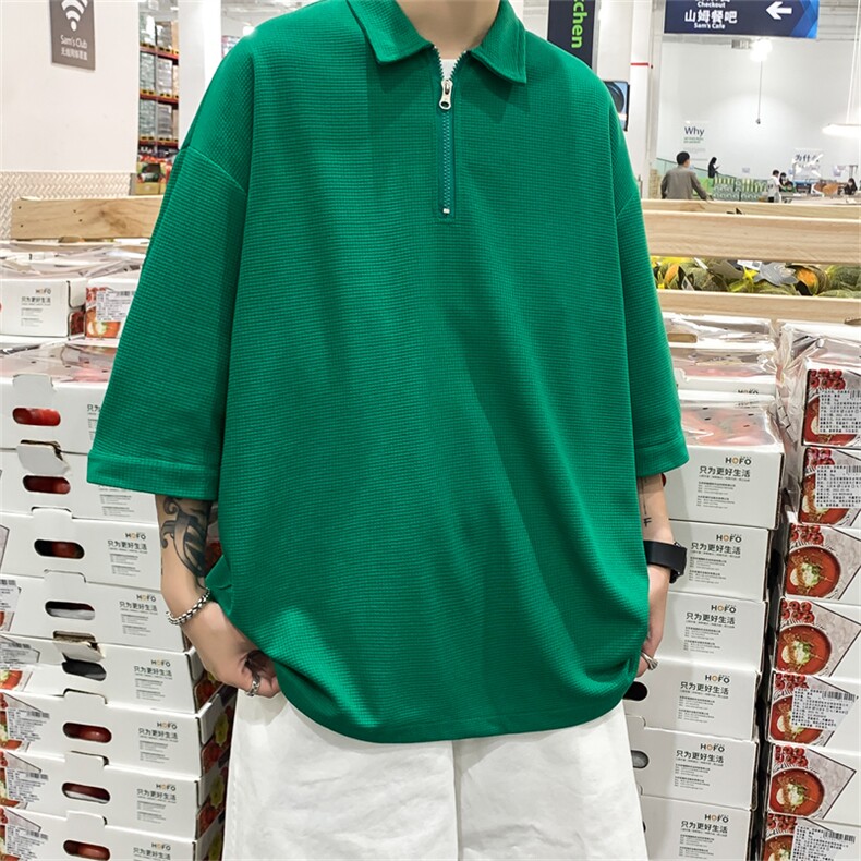 300g重磅华夫格t恤美式复古短袖男款polo衫oversize大码七分半袖,男装T恤,电商A141