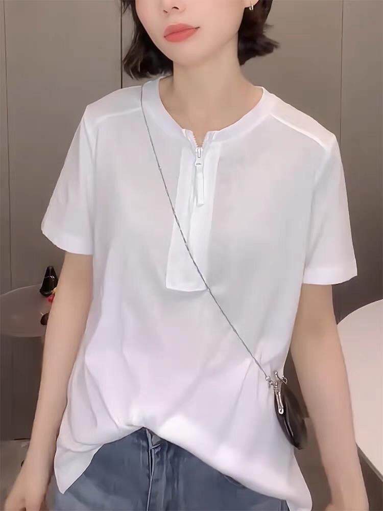 半拉链T恤时尚百搭简约,女装T恤,湘姗